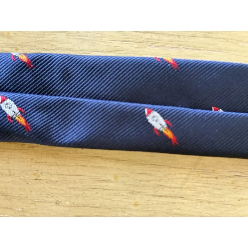 Men's Rocket Space Ship Skinny Tie Navy Blue Novelty NASA Cosmic Retro Moon